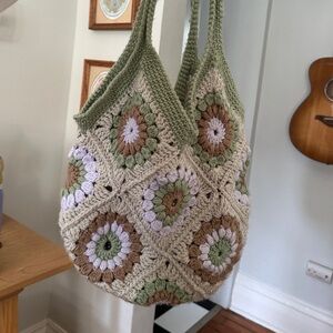 Handmade Crochet Tote Bag - Green and Grey